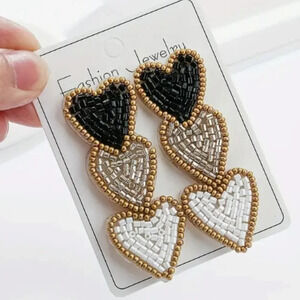 Beaded triple heart tiered earrings - three choices for colour style